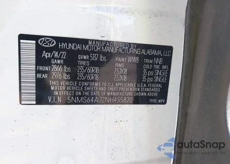 2022 Hyundai Santa Fe Xrt from USA, damaged, VIN 5NMS64AJ2NH455820